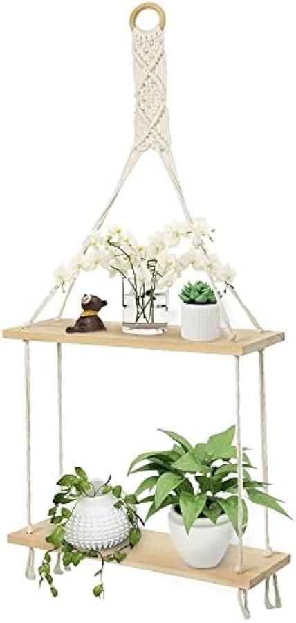 Macramé wandplank zwevende planken katoenen touw rustieke woondecoratie 2 lagen plantenhanger fotodisplay tissues handdoekopberger voor woonkamer slaapkamer badkamer gang