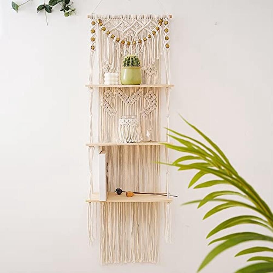 Macrame Wandrek Boho Decoratie Handgeweven 3-Traps Zwevende Boekenkast