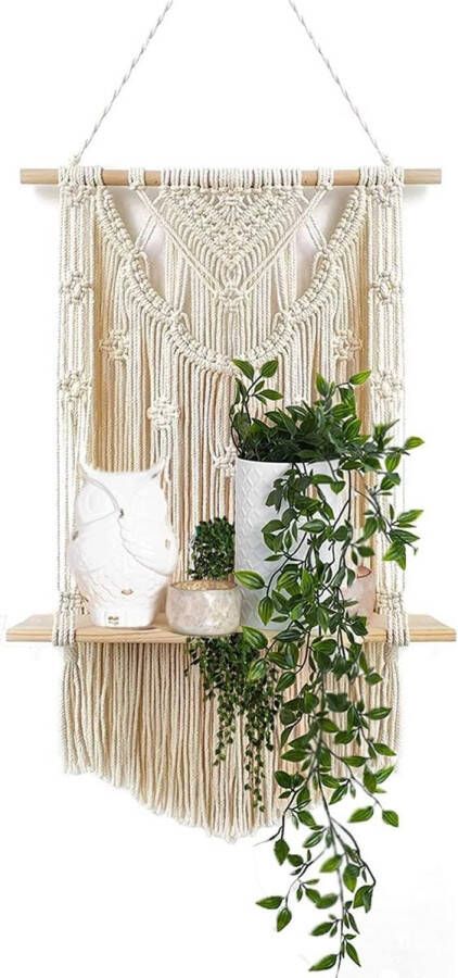 Macramé wandrek boho-decoratie houten zwevende plank plantenhanger rek organizer handgeweven chic hangrek met kwast wandrek voor woning dorm kamer balkon
