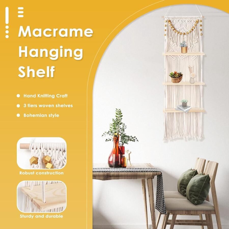 Macrame wandrek boho decoratie zwevende boekenkast 1 stuk naturel handgeweven