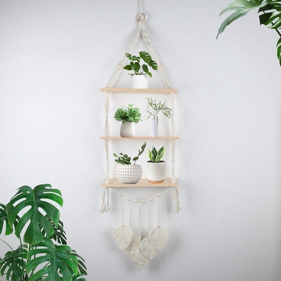 Macramé wandrek decoratief en ruimtebesparend 1 stuk hout 39 x 13 cm