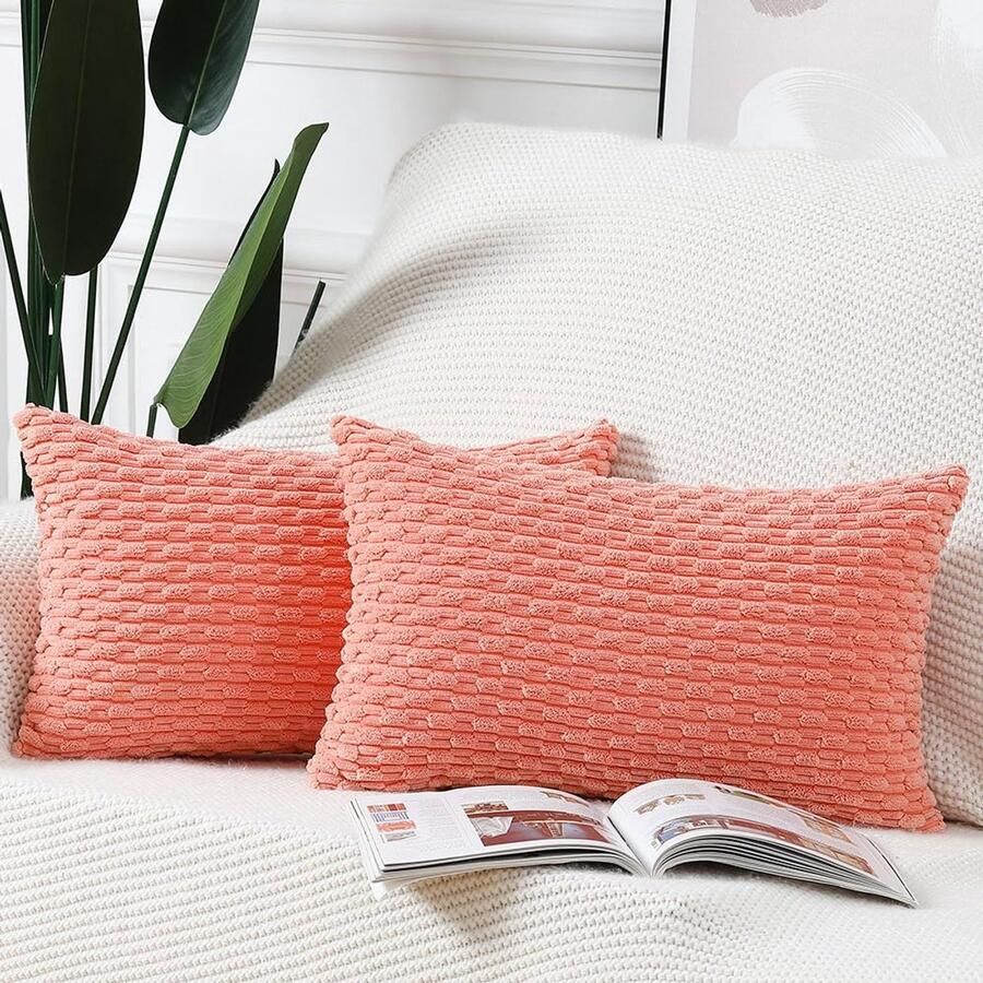 Madizz Set van 2 Boho gestreepte kussenhoezen Zachte corduroy decoratieve kussensloop voor slaapkamerbank Kussenhoes Koraal 40 x 60 cm