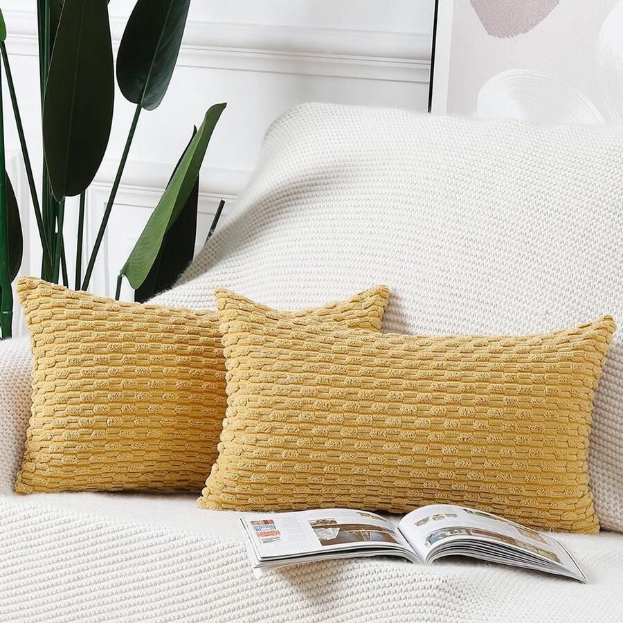 Madizz Set van 2 Boho gestreepte kussenhoezen Zachte corduroy decoratieve kussensloop voor slaapkamerbank Kussenhoes Geel 30 x 50 cm