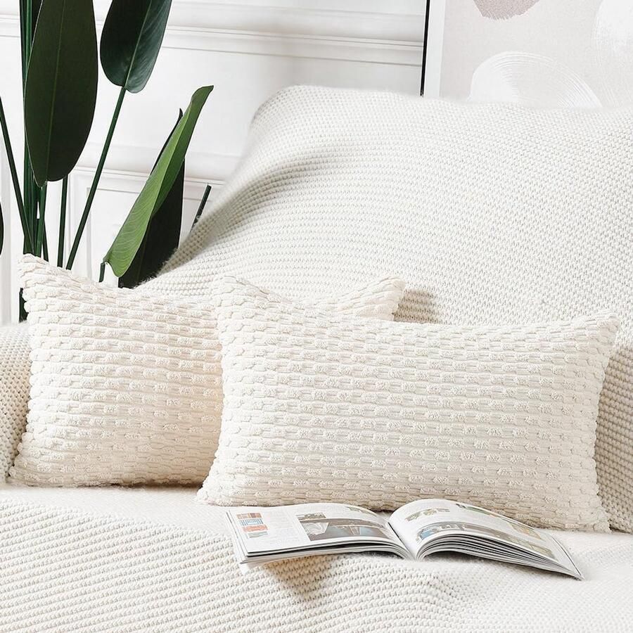 Madizz Set van 2 Boho gestreepte kussenhoezen zachte corduroy decoratieve kussensloop voor slaapkamerbank kussensloop crèmewit 40 x 60 cm