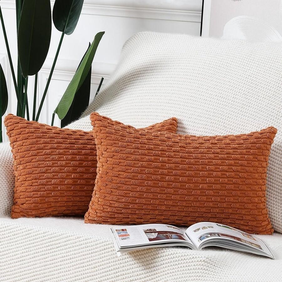 Madizz Set van 2 Boho gestreepte kussenhoezen Zachte corduroy decoratieve kussensloop voor slaapkamerbank Kussenhoes baksteenrood 30 x 50 cm