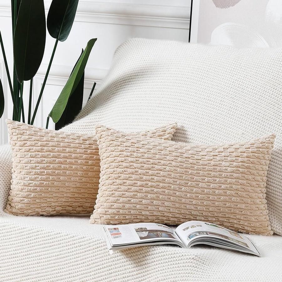 Madizz Set van 2 Boho gestreepte kussenhoezen Zachte corduroy decoratieve kussensloop voor slaapkamerbank Kussenhoes Beige 40 x 60 cm