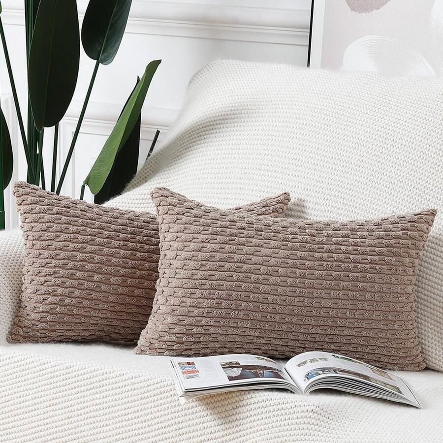 Madizz Set van 2 Boho gestreepte kussenhoezen Zachte corduroy decoratieve kussensloop voor slaapkamerbank Kussensloop Bruin 30 x 50 cm