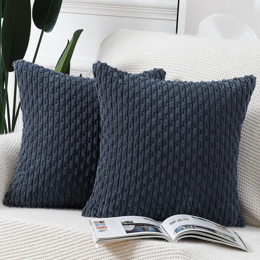 Madizz Set van 2 Boho gestreepte kussenhoezen Zachte corduroy decoratieve kussensloop voor slaapkamerbank Kussenhoes Donkerblauw 55 x 55 cm