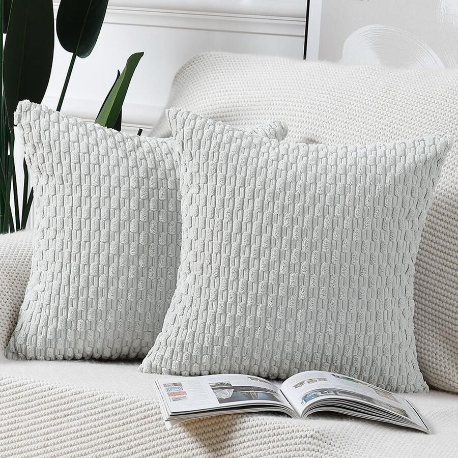 Madizz Set van 2 Boho gestreepte kussenhoezen Zachte corduroy decoratieve kussensloop voor slaapkamerbank Kussenhoes Grijs Wit 50 x 50 cm