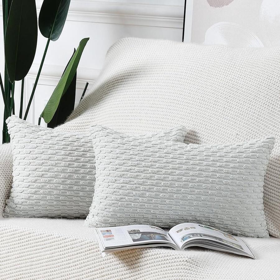 Madizz Set van 2 Boho gestreepte kussenhoezen Zachte corduroy decoratieve kussensloop voor slaapkamerbank Kussenhoes Grijs Wit 40 x 60 cm