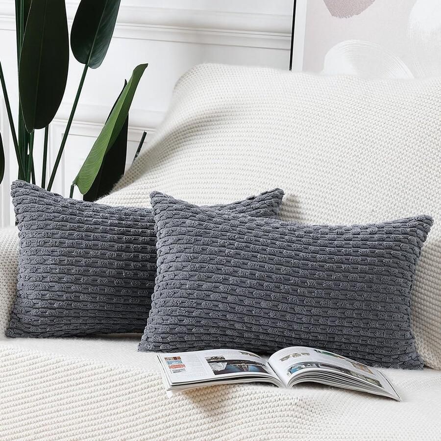 Madizz Set van 2 Boho gestreepte kussenhoezen Zachte corduroy decoratieve kussensloop voor slaapkamerbank Kussenhoes Grijs 40 x 60 cm