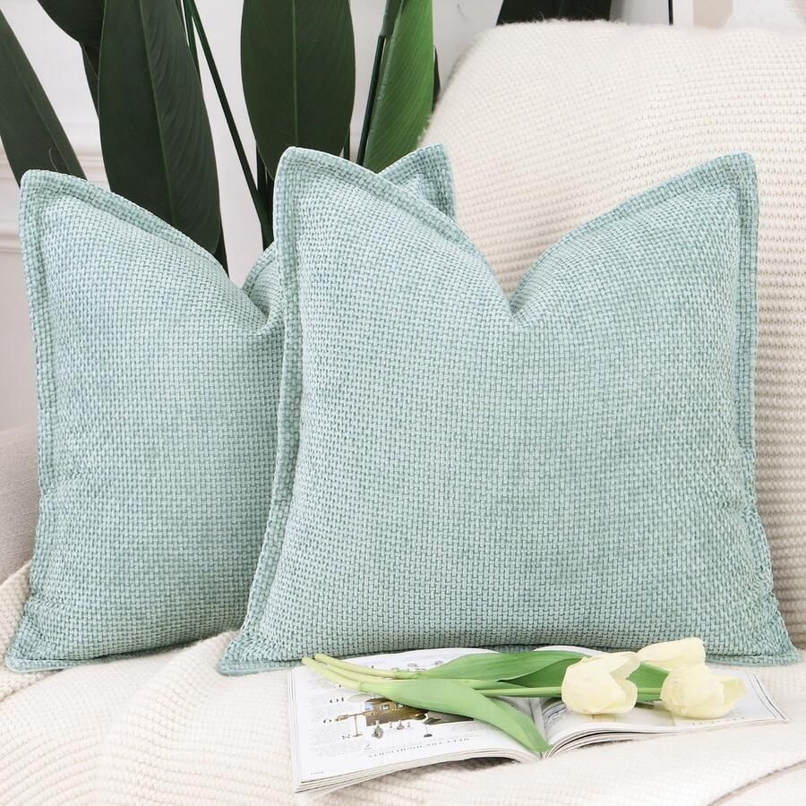 Madizz Set van 2 Chenille Fluwelen Kussenhoezen met Rand Zachte Decoratieve Kussenhoezen Moderne Kussenhoes voor Bank Woonkamer Slaapkamer Aqua Groen 40x40 cm