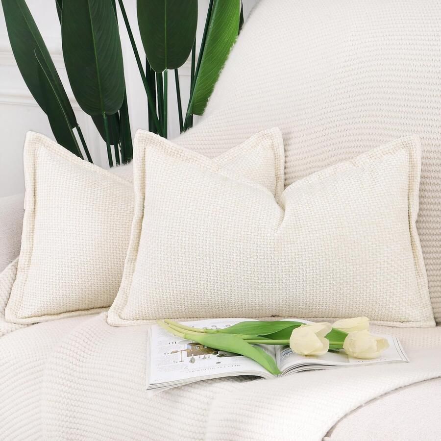 Madizz Set van 2 Chenille Fluwelen Kussenhoezen met Rand Zachte Decoratieve Kussenhoezen Moderne Kussenhoes voor Bank Woonkamer Slaapkamer Crème 40x60 cm