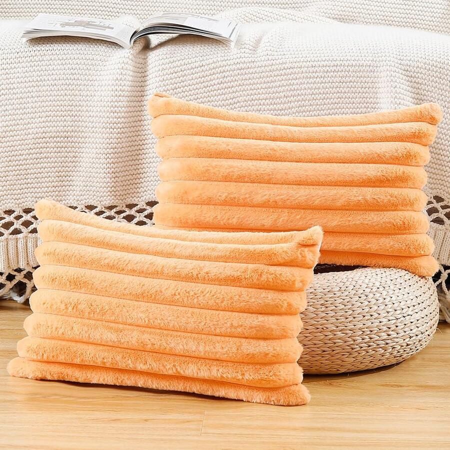 Madizz Set van 2 decoratieve kussenhoezen van imitatiebont zachte strepen decoratieve kussensloop voor de bank slaapkamer kussensloop oranje 30 x 50 cm