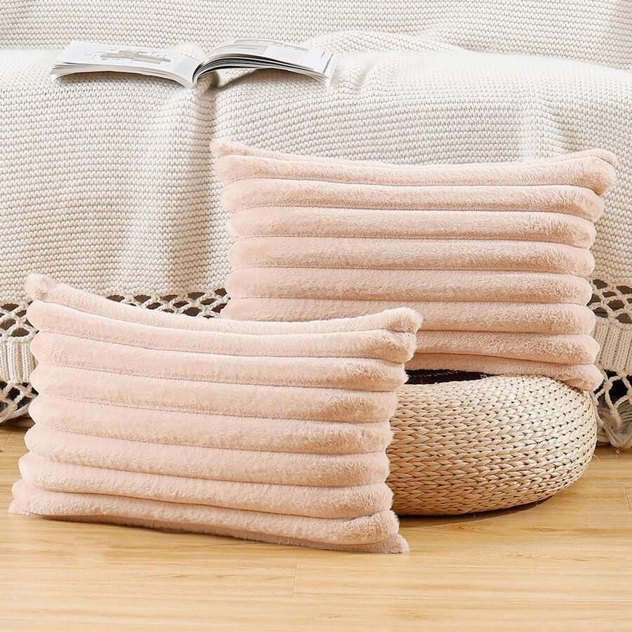 Madizz Set van 2 decoratieve kussenhoezen van imitatiebont zachte strepen decoratieve kussensloop voor de bank slaapkamer lichtbruin 30 x 50 cm