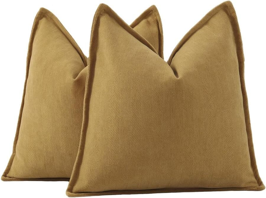 Madizz Set van 2 effen chenille kussenhoezen zachte decoratieve kussenslopen voor bank slaapkamer kussenhoes mosterdgeel 50x50 cm vierkant