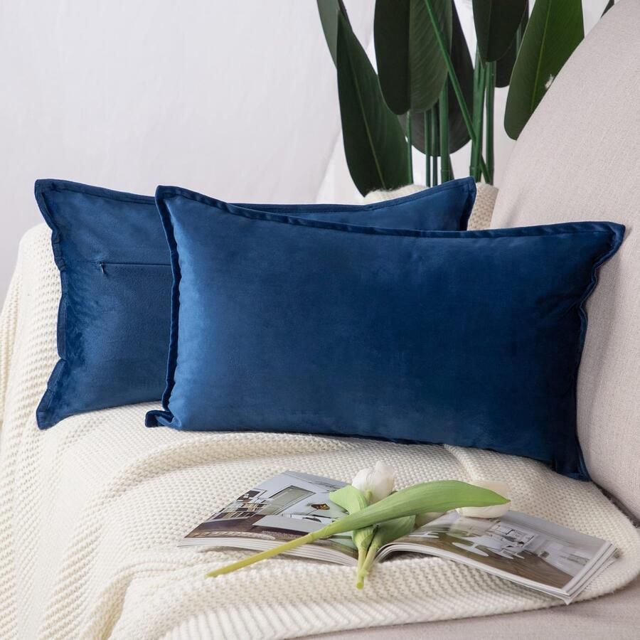 Madizz Set van 2 fluwelen decoratieve kussenhoezen Luxe stijl kussensloop voor bank voor slaapkamer Donkerblauw 30x50 cm Rechthoekig
