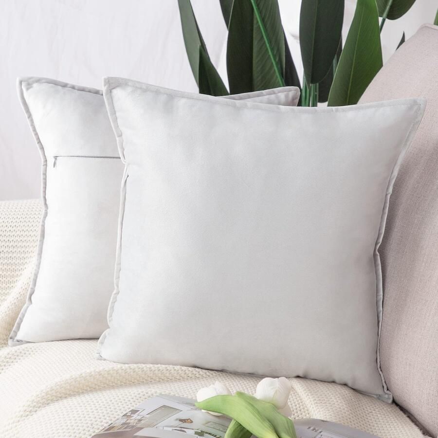 Madizz Set van 2 fluwelen decoratieve kussenhoezen Luxe stijl kussensloop voor bank voor slaapkamer Grijs Wit 40x40 cm Vierkant