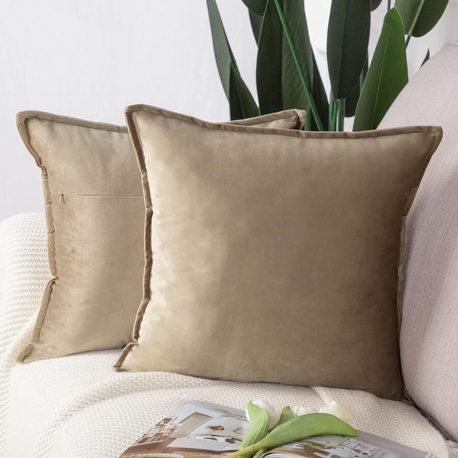 Madizz Set van 2 fluwelen decoratieve sierkussenhoezen Luxe stijl kussenhoes voor bank voor slaapkamer Lichtbruin 40x40 cm Vierkant