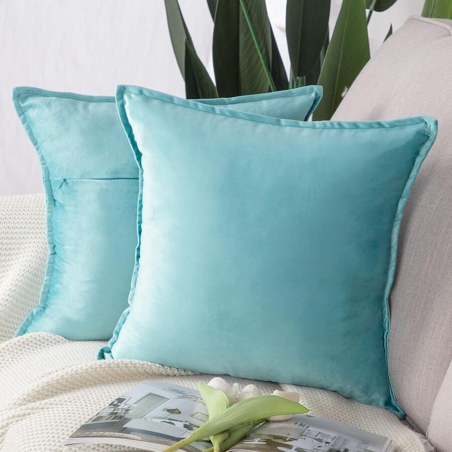 Madizz Set van 2 fluwelen decoratieve sierkussenhoezen Luxe stijl kussenhoes voor bank voor slaapkamer Aqua 65x65 cm Vierkant