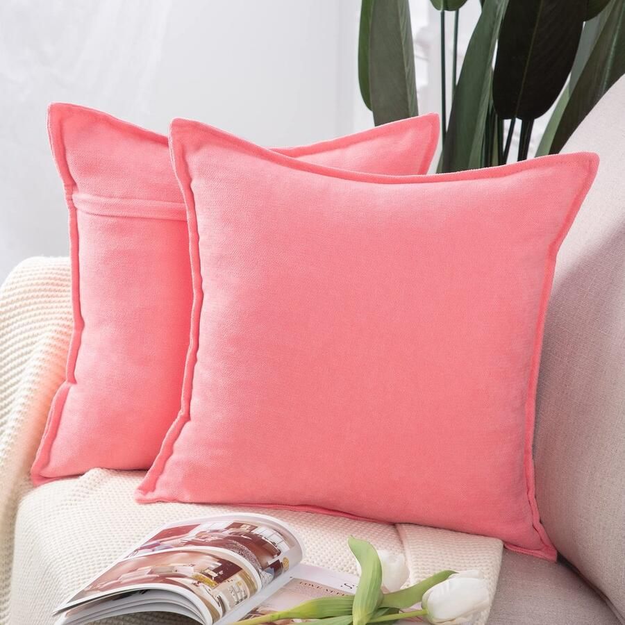 Madizz Set van 2 korte chenille decoratieve kussenhoezen zachte decoratieve kussenhoes voor bank slaapkamer kussenhoes roze 40x40 cm vierkant