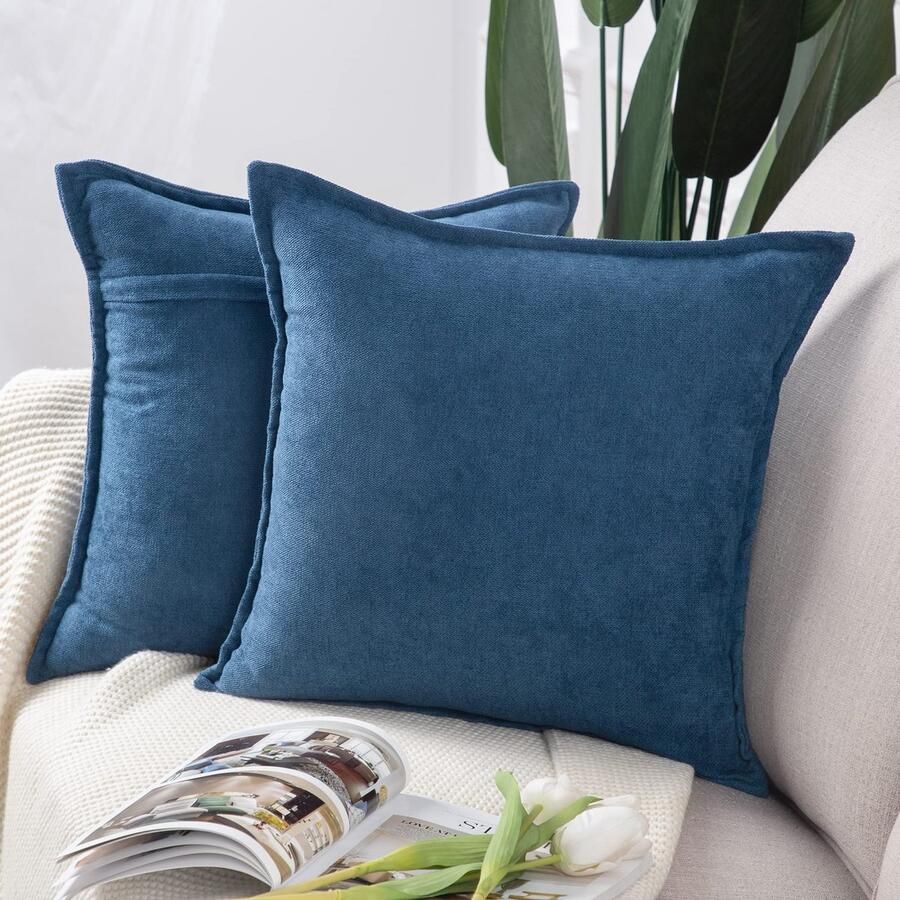 Madizz Set van 2 korte chenille decoratieve kussenhoezen zachte decoratieve kussenhoes voor bank slaapkamer kussenhoes denimblauw 40 x 40 cm vierkant