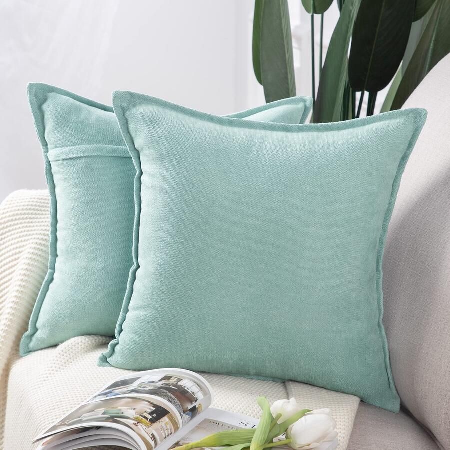 Madizz Set van 2 korte chenille sierkussenhoezen zachte sierkussenhoes voor bank slaapkamerkussenhoes lichtblauwgroen 50 x 50 cm vierkant
