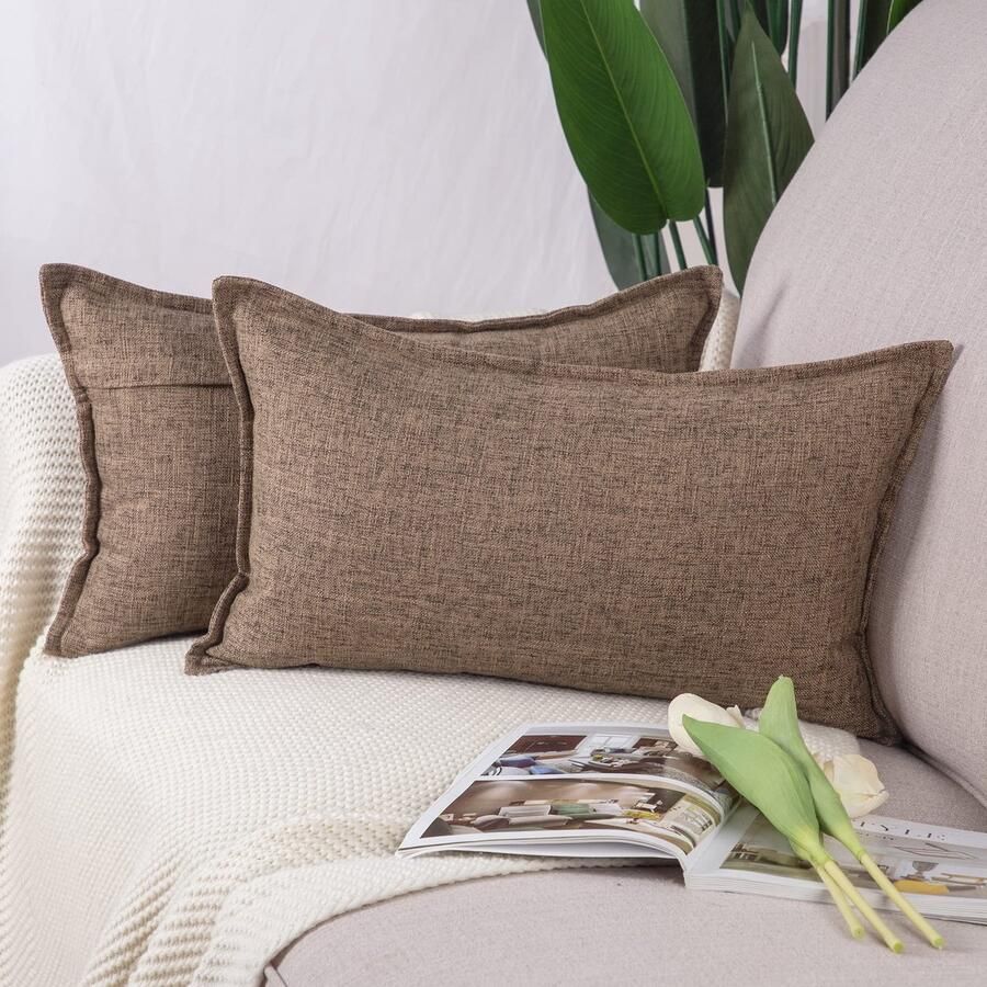 Madizz Set van 2 Polyester Linnen Kussenhoezen Zachte Decoratieve Kussenhoezen voor Bank Slaapkamer Kussenhoes Donkerbruin 30x50 cm Rechthoekig