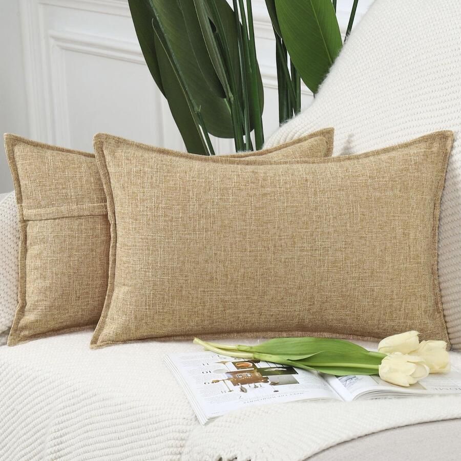 Madizz Set van 2 Polyester Linnen Kussenhoezen Zachte Decoratieve Kussenhoezen voor Bank Slaapkamer Kussensloop Beige 30x50 cm Rechthoekig