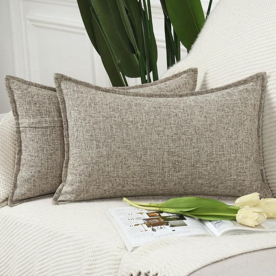 Madizz Set van 2 Polyester Linnen Kussenhoezen Zachte Decoratieve Kussenslopen voor Bank Slaapkamer Kussenhoes Gemengd Taupe 30x50 cm Rechthoekig