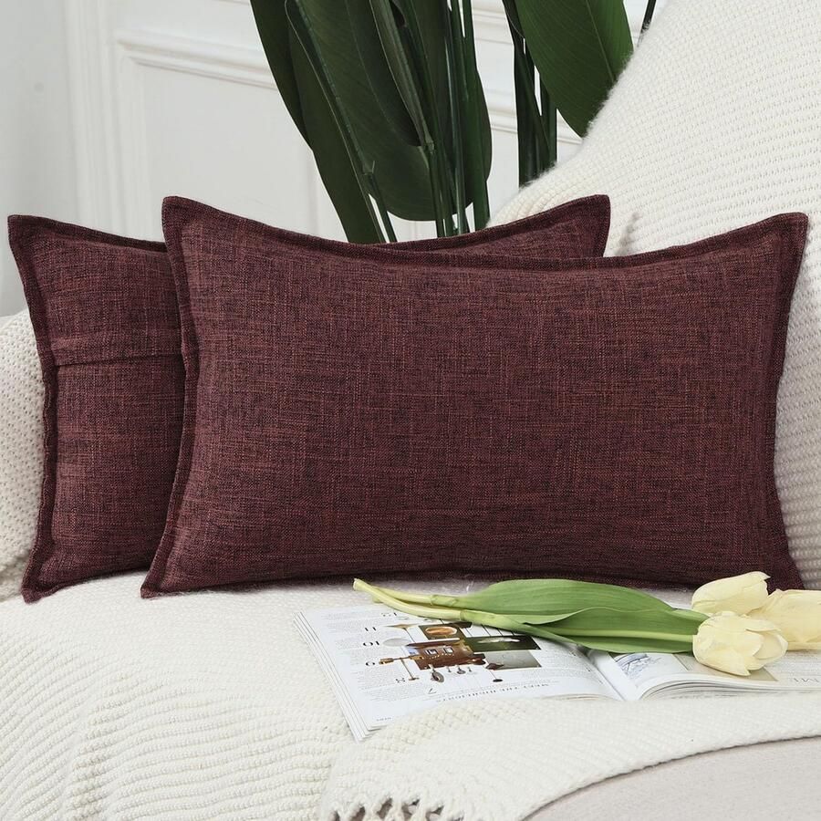 Madizz Set van 2 Polyester Linnen Kussenhoezen Zachte Decoratieve Kussenslopen voor Bank Slaapkamer Kussenhoes Bordeaux Rood 30x50 cm Rechthoekig