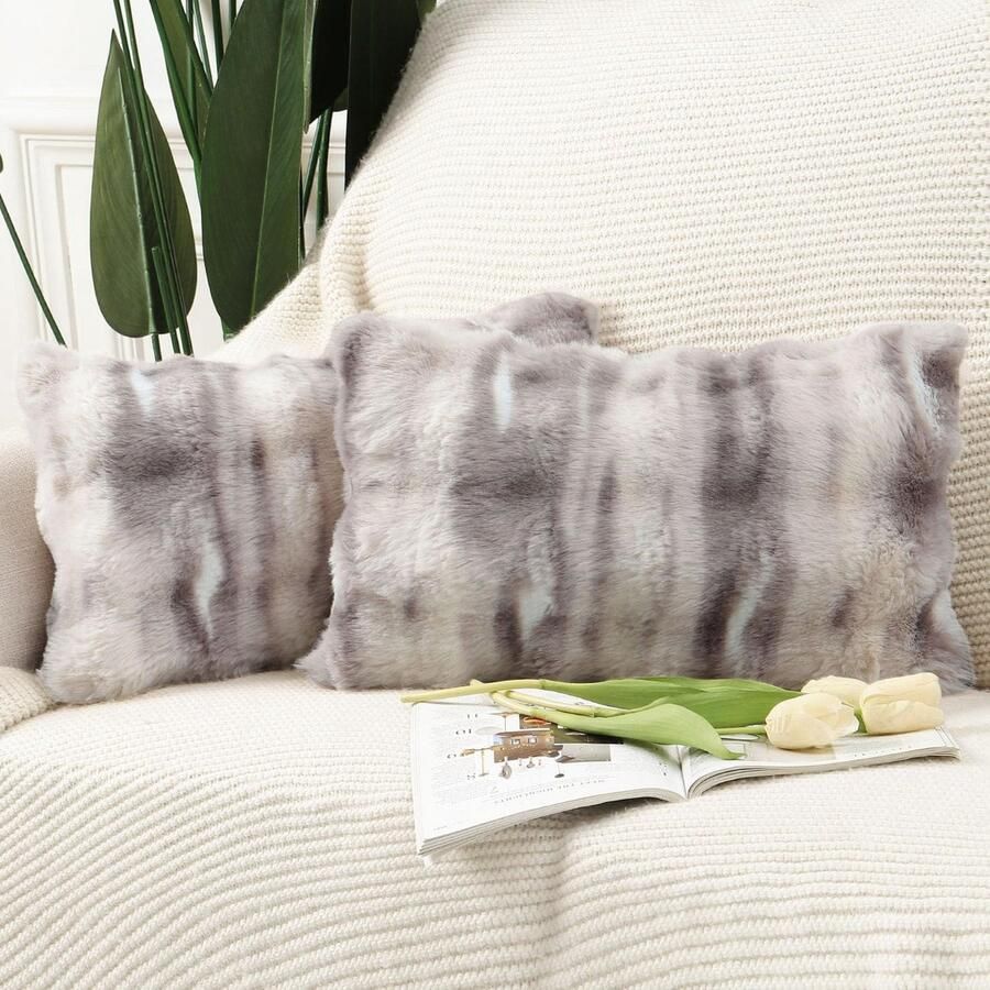 Madizz Set van 2 zachte pluche korte decoratieve wollen fluwelen kussenslopen. Luxe kussenhoes voor bank slaapkamer grijs taupe 30x50 cm
