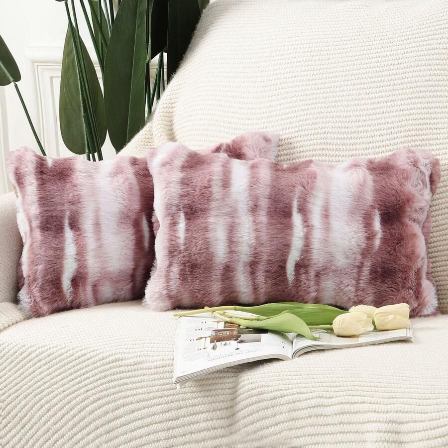 Madizz Set van 2 zachte pluche korte decoratieve wollen fluwelen kussenslopen. Luxe kussenhoes voor bank slaapkamer roze 30x50 cm