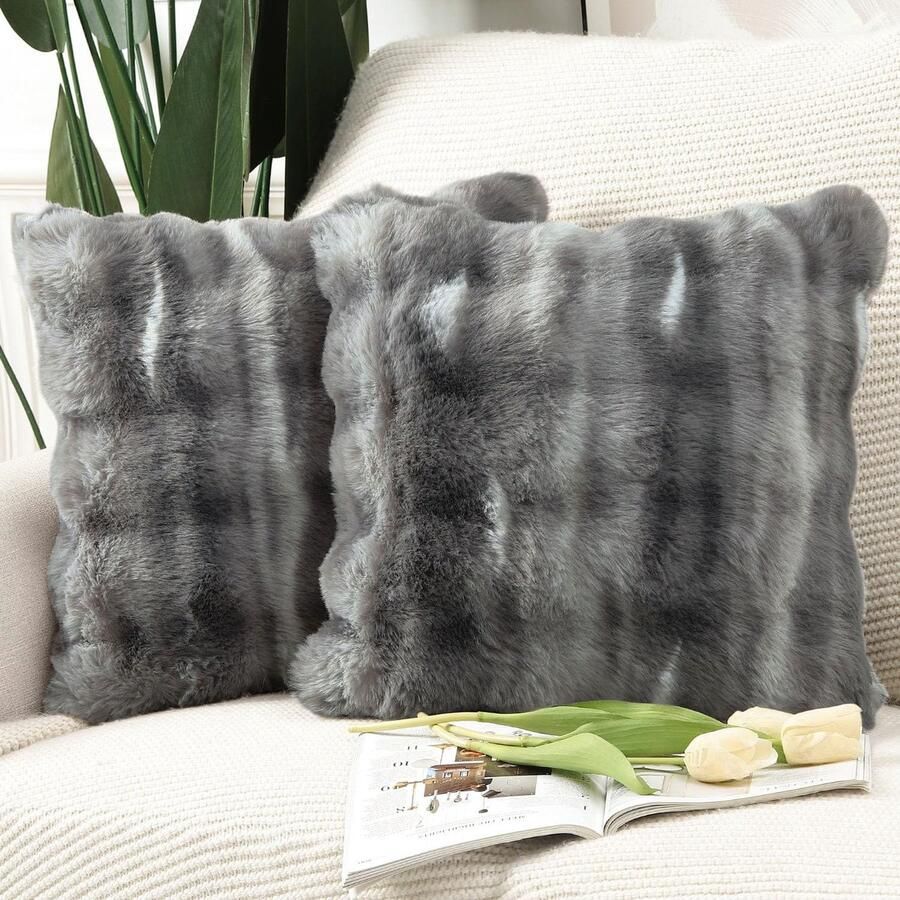Madizz Set van 2 zachte pluche korte decoratieve wollen fluwelen kussenslopen. Luxe kussenhoes voor bank slaapkamer donkergrijs 50x50 cm