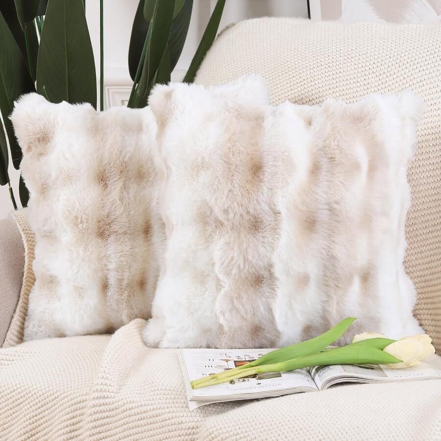 Madizz Set van 2 zachte pluche korte decoratieve wollen fluwelen kussenslopen luxe stijl kussenhoes voor bank slaapkamer wit beige 40x40 cm