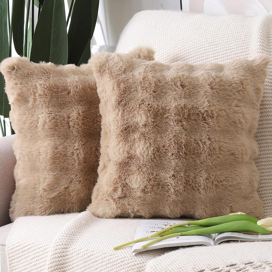 Madizz Set van 2 zachte pluche korte decoratieve wollen fluwelen kussenslopen luxe stijl kussenhoes voor bank slaapkamer Camel 60x60 cm