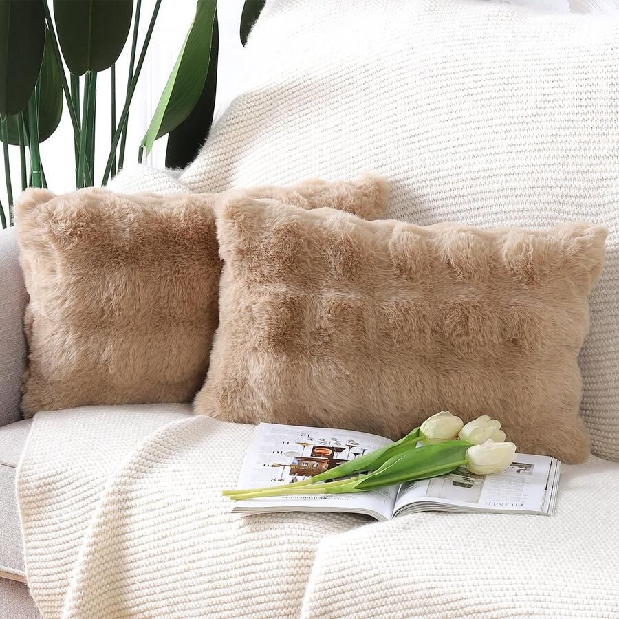 Madizz Set van 2 zachte pluche korte decoratieve wollen fluwelen kussenslopen luxe stijl kussenhoes voor bank slaapkamer Camel 30x50 cm