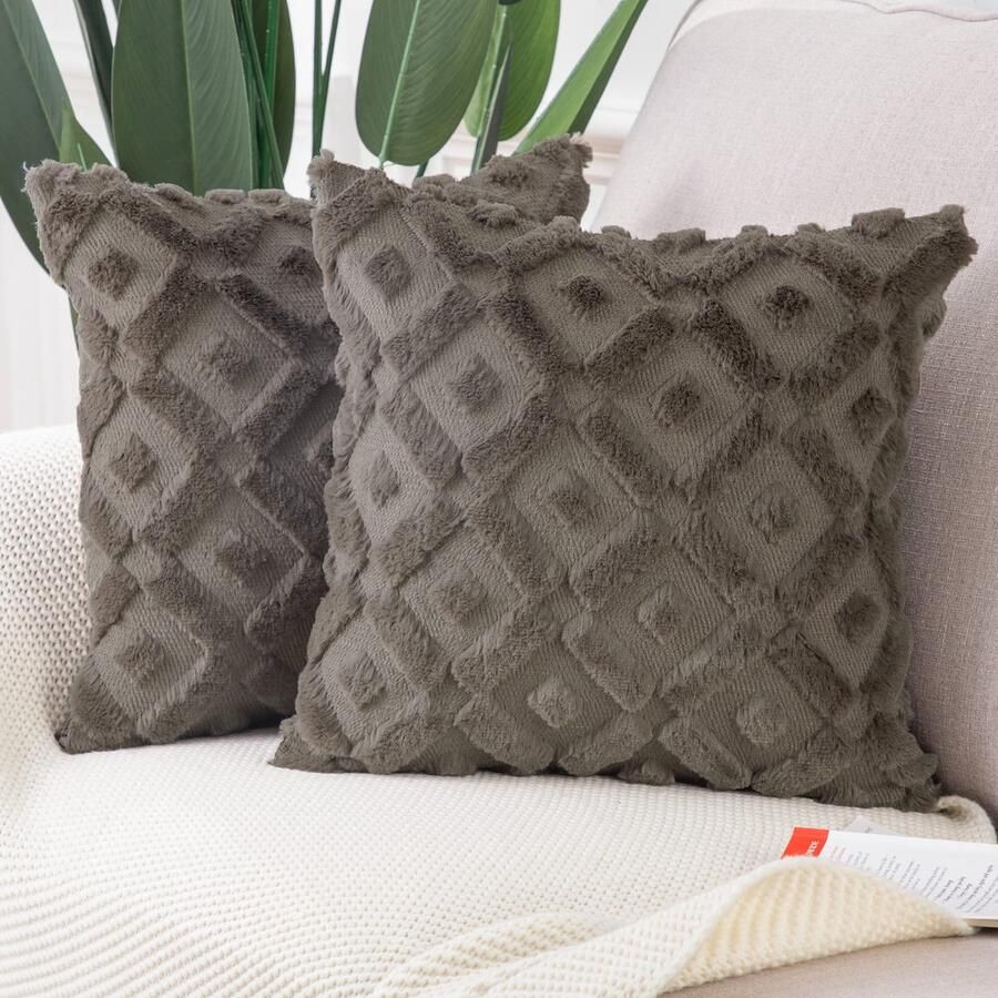 Madizz Set van 2 zachte pluche korte decoratieve wollen fluwelen kussenslopen luxe stijl kussenhoes voor bank slaapkamer taupe 45x45 cm vierkant