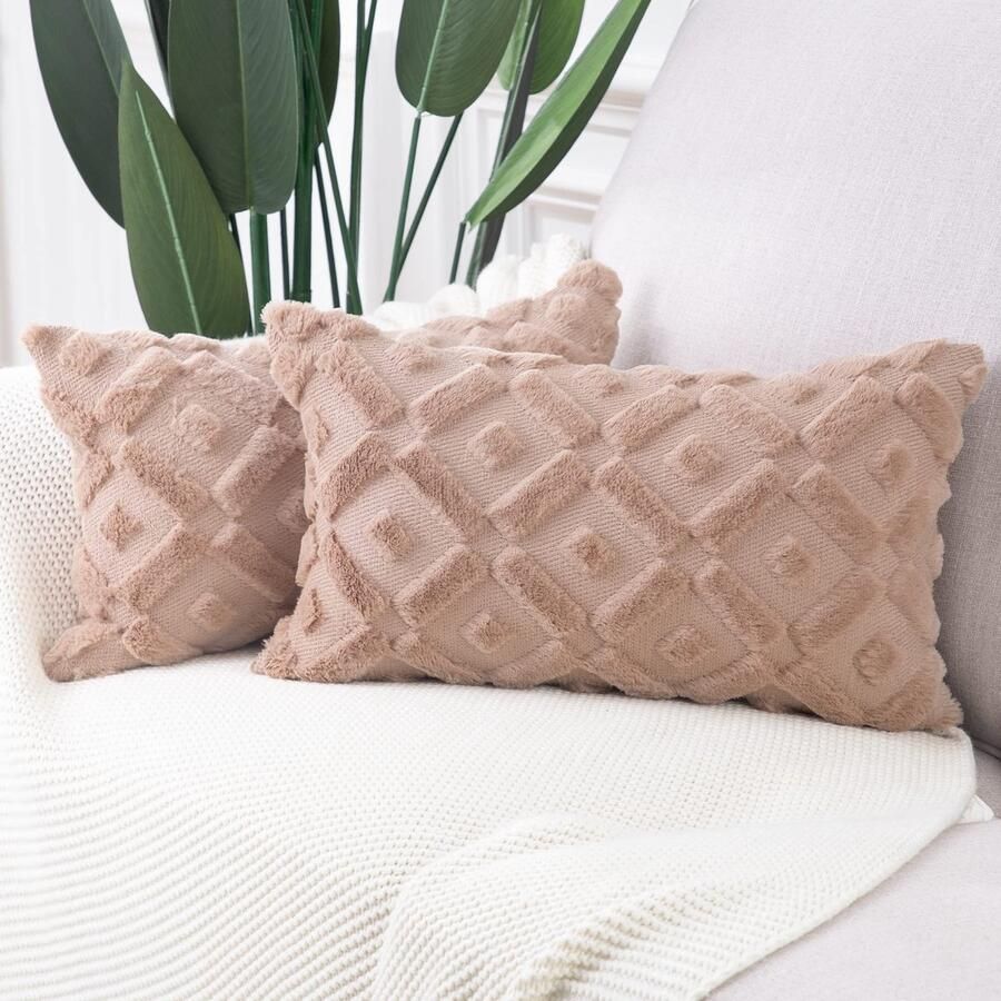 Madizz Set van 2 zachte pluche korte wollen fluwelen decoratieve sierkussenhoezen luxe stijl kussenhoes voor bank slaapkamer bruin 30x50 cm rechthoekig