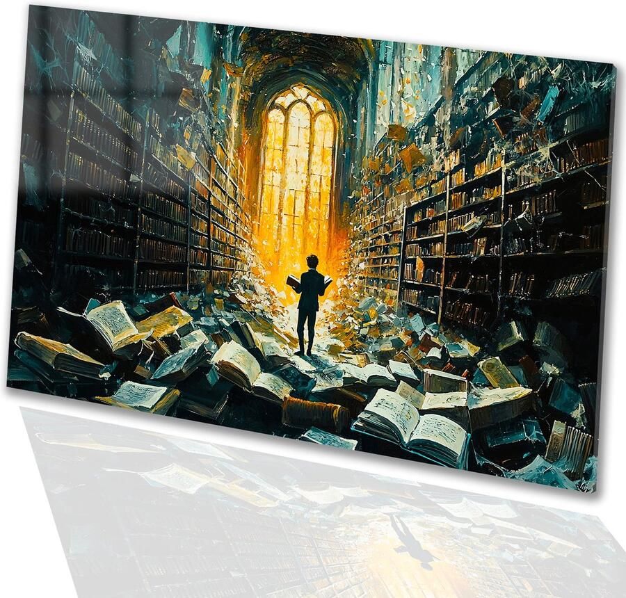 Magische bibliotheek met boeken Bibliotheek glasschilderij Schilderij boeken Surrealistisch Schilderij op acrylglas Wanddecoratie kinderkamer acrylglas 90x60 cm
