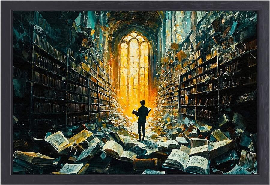 Magische bibliotheek met boeken Bibliotheek schilderij Kunstwerk boeken Surrealistisch Canvas met frame Kunst aan de muur canvas met baklijst 90x60 cm
