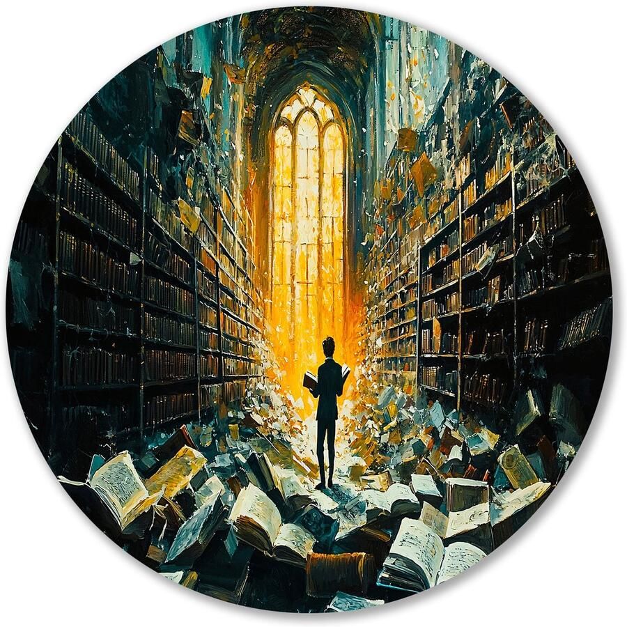 Magische bibliotheek met boeken Bibliotheek schilderij rond Ronde muurdecoratie boeken Surrealistisch Wandcirkel van Forex Kunstwerken schilderij muurcirkel forex 60x60 cm