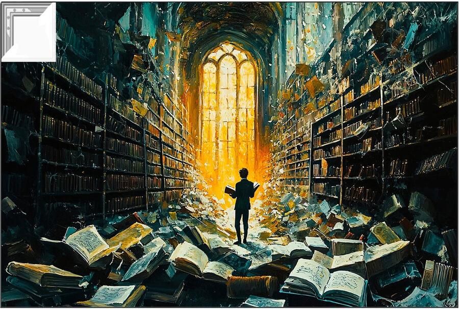 Magische bibliotheek met boeken Bibliotheek schilderijen Muurkunst ArtFrame boeken Surrealistisch Decoratie met lijst Schilderijen en muurdecoratie artframe 150x100 cm