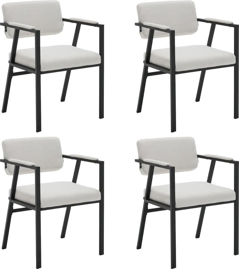 Moderne beige linnen eetkamerstoelen Set van 4 met zwart metalen frame voor woonkamer en keuken