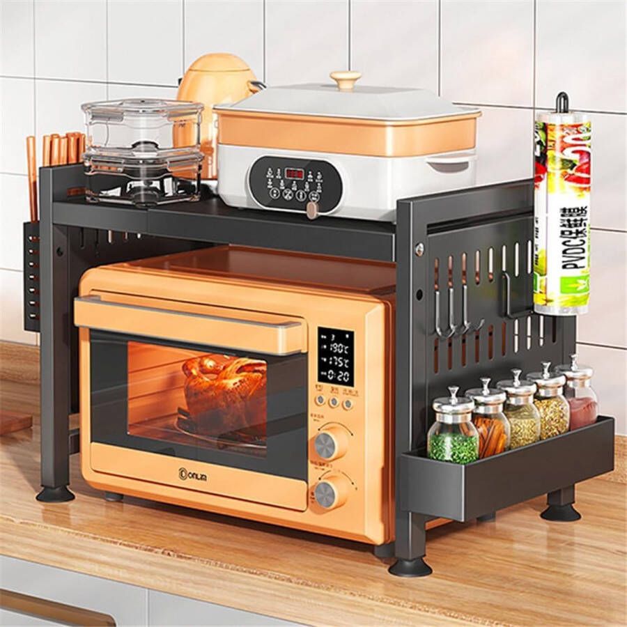 Magnetron Plank Stand 2 3 Niveau Keuken Plank Koolstofstaal Magnetron Uitschuifbaar In Hoogte Verstelbaar Met Papieren Handdoek Houder 6 Haken Een Kruiden Organisator En Eetstokjes Doos (2 Niveaus)