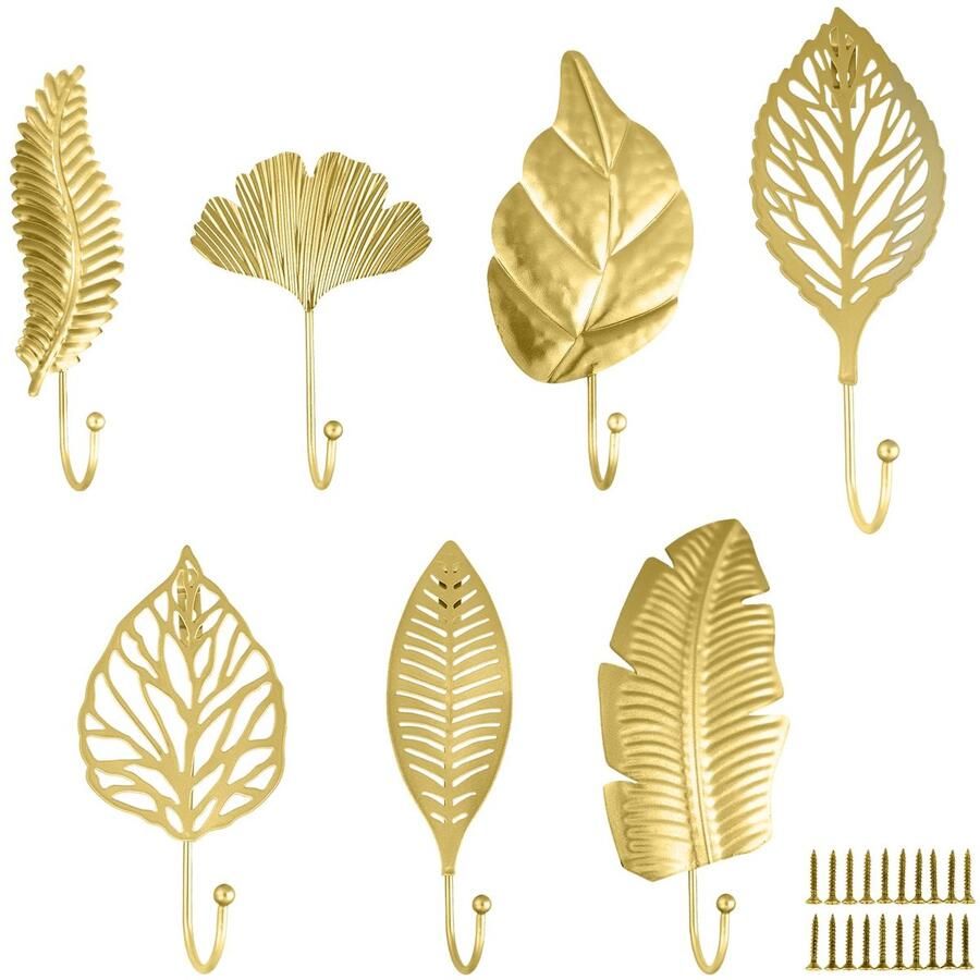 MAIJIAJU 7-pack kapstokhaken goud bladeren kapstokhaken wandhaken om te boren met 20 schroeven metalen vintage wandhaken garderobe kinderen moderne kapstokhaken voor deur slaapkamer garderobe