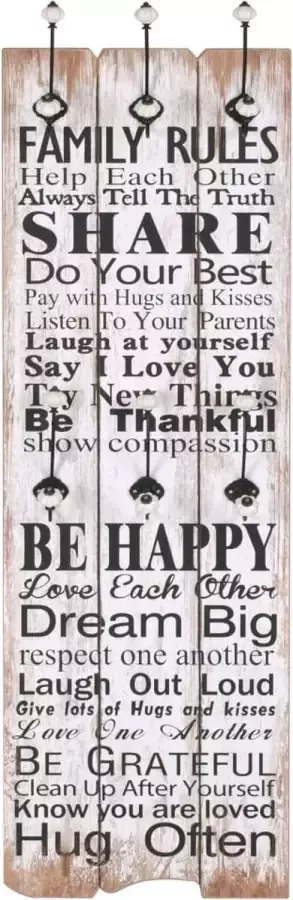 Maison Exclusive Wandkapstok met 6 haken FAMILY RULES 120x40 cm
