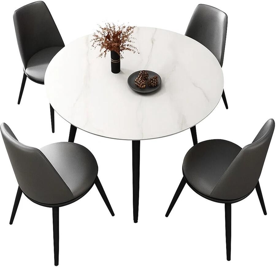 Maison Nordique Eettafel rond Eettafels Marmer look MDF Diameter 80cm Zwarte poten 4 stoelen Wit