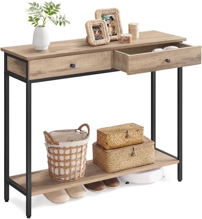 Suredeal Consoletafel met 2 Lades 100x30x80 cm Spaanplaat Staal Donker Kaki Industrieel vormgeving Voor Hal & Woonkamer Vrijstaand Montage Nodig