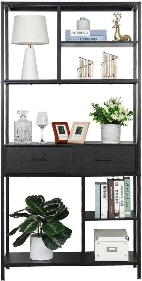 Maison Nordique Kast Boekenkast Ladekast Keukenkast Wandmeubel Met 2 lades Vakkenkast 30x90x180CM Stevig Zwart